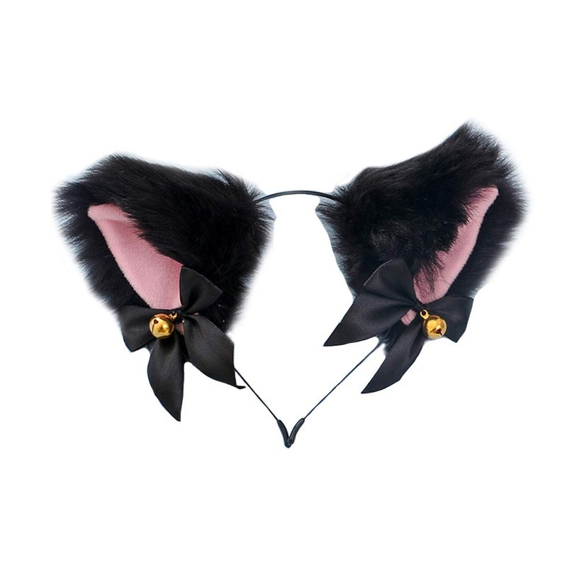 Fxaelian Animal Faux Fur Fox Cat Dog Ears Headband Halloween Cosplay Costume Party Headbands for Women Men Adult with Bell Black - Image 1